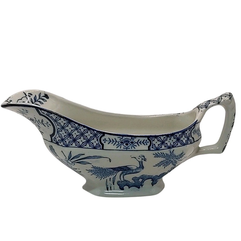 Wood and Sons Yuan Gravy Boat Peacocks Blue White England‎ Antique Number 656368